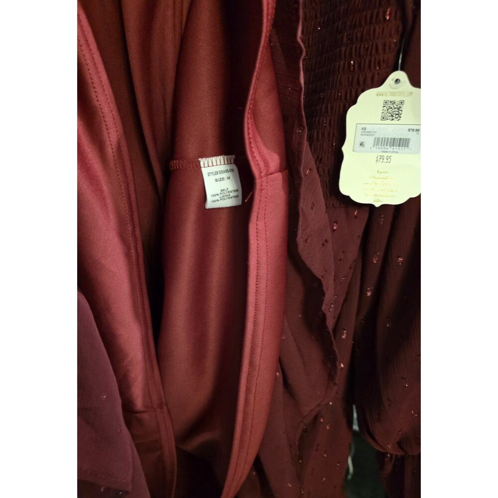 NWT Altar'd State Burgundy Ruffle Dress w/Sheer Balloon Sleeves Shimmer Boho - Picture 8 of 10